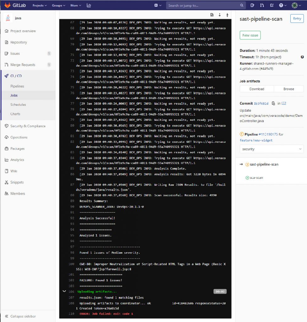 Veracode pipeline scan results