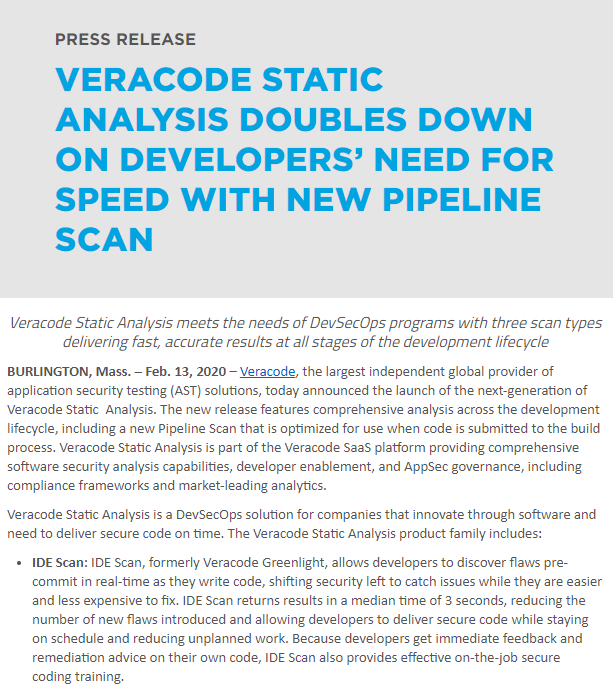 Veracode pipeline scan press release