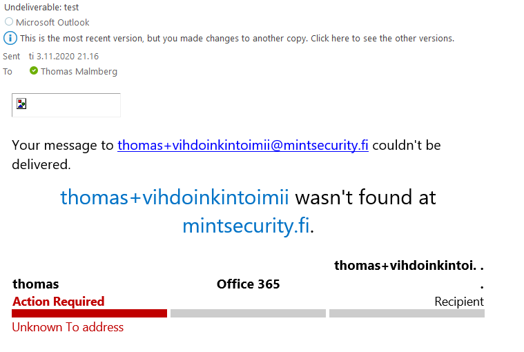 O365 plus-osoite ei toimi