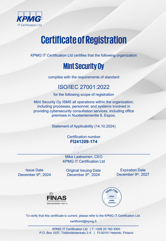 Mint Security ISO/IEC 27001:2022 certificate